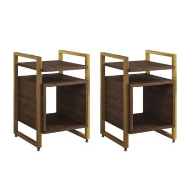 Imagem de Kit 2 Mesas de Cabeceira Industrial Marrocos Ferro Dourado e Tampo Amêndoa