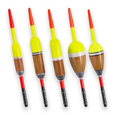 Imagem de Dr.Fish Pacote com 5 boias de mola balsa ponderadas boias de madeira para pesca de primavera boias para peixe-gato tipo de peixe Walleye Bluegill Panfish cilindro e oval