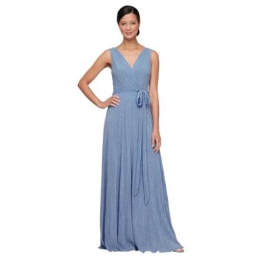 Imagem de Alex Evenings Vestido feminino sem mangas com decote em V longo, vestido formal elegante, convidada de casamento, vestido de festa, Glitter azul empoeirado, 36
