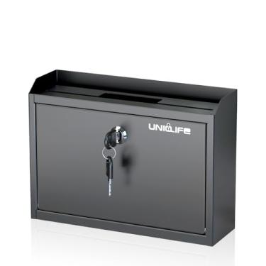 Imagem de Uniclife SAFECaixa de correio montada na parede com trava de chave e suporte de jornal, caixa de sugestões com compartimentos superiores, caixa de chave, cofre forte, caixa de doação de metal, urna