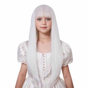 Imagem de Edivd Peruca Branca Para Crianças, Longa Com Franja De Ar, Perucas Retas Meninas, Touca Sintética Resistente Ao Calor