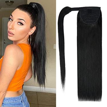 Imagem de FAAAL Extensão De Rabo Cavalo Cabelo Humano 16" 75G #1 Preto Azeviche 100% Remy, Longa Com Clipe, Reta, Peça Única (16", Preto)