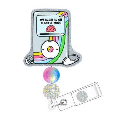 Imagem de Horee Carretel de crachá retrátil com clipe jacaré, porta-cartão de identificação de enfermeira de acrílico com glitter, design divertido (cérebro)