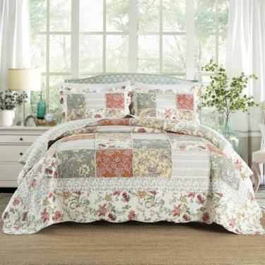 Imagem de Yvooxny Conjunto de colcha de 3 peças, King Size, acolchoado, reversível, estilo country, floral, patchwork, conjunto de cama com babados e fronhas para todas as estações, 277 x 246 cm