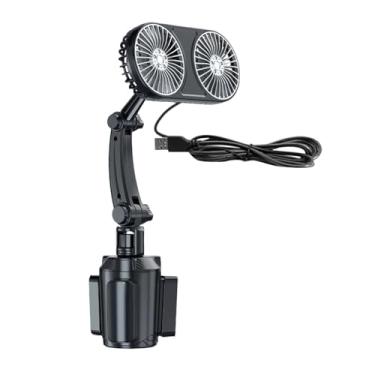 Imagem de QccHieUs Ventilador de refrigeração automotivo 12V 24V com 3 velocidades potentes montado no porta-copos antiderrapante, baixo ruído, rotação de 360 ​​graus, Cabeça Dupla