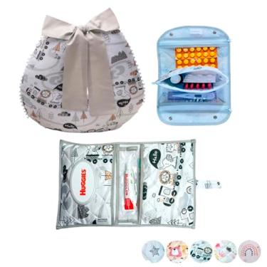 Imagem de Necessaire Porta Remédios Portátil + Porta Fraldas, lenço Umedecido e Pomada + Almofada Amamentação Para Bebê(TRENZINHO)