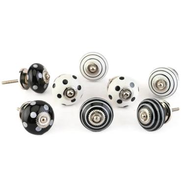 Imagem de Perilla Home Conjunto de 8 puxadores listrados feitos à mão de cerâmica para armário e móveis para cozinha, quarto, quarto infantil, puxador para gaveta, armário, cômoda (branco e preto)