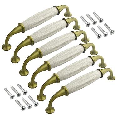 Imagem de XINGYHENG 6 peças puxadores de cômoda de cerâmica branca puxadores de gaveta de armário puxadores de puxador de porta com parafusos centros de 128 mm (ouro, branco) (centros de orifício de 12