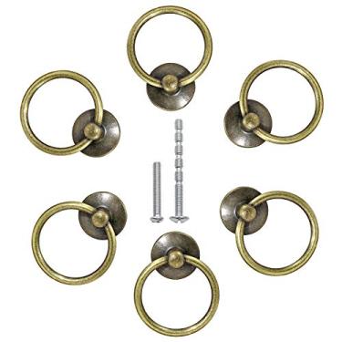 Imagem de Bonsicoky Puxadores de gaveta de anel redondo, 6 peças, puxadores de anel de bronze vintage para armário, gaveta, armário, guarda-roupa, furo único
