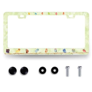 Imagem de Moldura de placa de licença de corujas fofas desenhos animados pássaros suporte de placa de licença personalizado animal coruja acessório de carro decoração de carro de aço inoxidável placa de licença