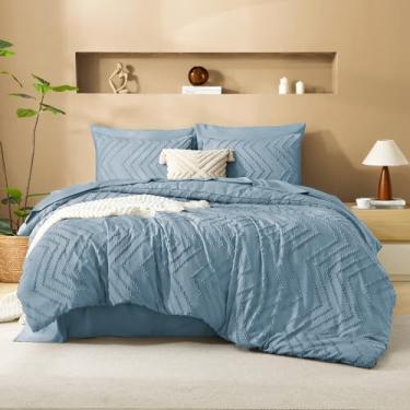 Imagem de Litanika Conjunto de edredom super king plus size com lençol azul acinzentado – 7 peças, cama em uma bolsa, tamanho king, boho, tufado, completo com edredom, lençóis, fronhas e fronhas