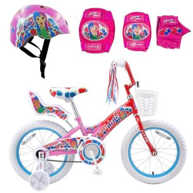 Imagem de Titan Bicicleta de BMX Berry Brite multicolorida para meninas de 4 a 9 anos com rodas de treinamento, bicicleta infantil de 40 cm com joelheiras protetoras e um capacete de tamanho pequeno