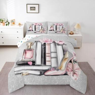 Imagem de Erosebridal Conjunto de cama Queen, feminino, rosa, prata, moderno, feminino, cinza, rosa, perfume, colcha, salto, revista, livros, floral, enchimento de edredom