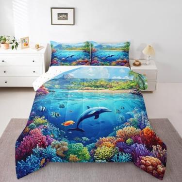 Imagem de jejeloiu Conjunto de edredom com tema oceano, verão, golfinho, peixe, marinho, para meninos e meninas, vida marinha havaiana, criaturas marinhas, cenário natural, edredom para decoração de quarto