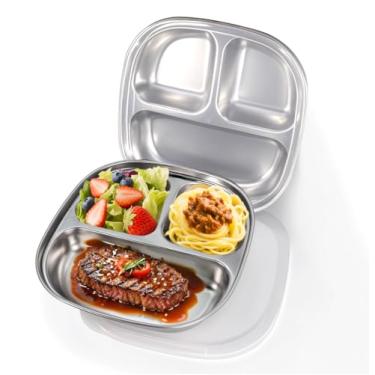 Imagem de Pratos divididos quadrados para adultos (2 pacotes), placa de controle de porção de aço inoxidável 304 seccionada com divisórias, pratos de jantar com separador de alimentos de metal de 19 cm