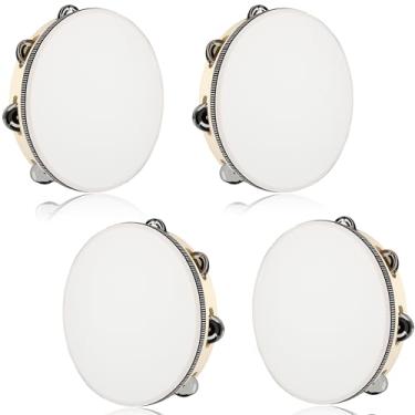 Imagem de 4 pandeiros de casamento para adultos de 25,4 cm, tambores de madeira naturais e portáteis, tambores de metal, instrumentos musicais de percussão para festa de casamento na igreja