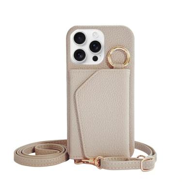 Imagem de Lejanuxy Capa de couro com porta-cartões para iPhone 15 Pro Max com suporte de anel e alça transversal, bege
