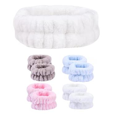 Imagem de ZJchao Pulseiras de Microfibra 4 Pares Faixas de Cabelo, Flanela de Toalha Elástica Absorvente, Variedade de Cores, Reutilizável, para Lavar Esportes de Ioga de Spa (Modelo A:)
