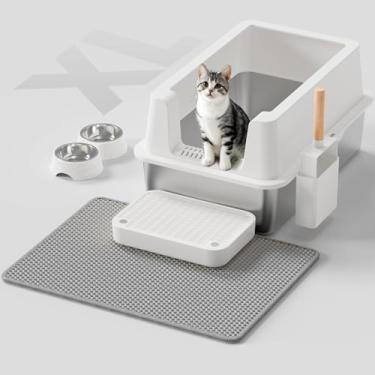 Imagem de Caixa de areia para gatos de aço inoxidável – caixa de areia de metal XL fechada com tampa para gatos grandes, lado alto, anti-vazamento, fácil limpeza, não pegajoso, tapete de areia incluído, tigela