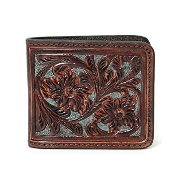 Imagem de Carteira masculina hipster de couro bovino adorável feita à mão, Marrom/azul-petróleo, Girassol