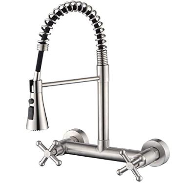 Imagem de Torneira de pia de cozinha com pulverizador de puxar para parede Torneira de mola comercial de 3 funções, 2 alças industriais, torneira central de arco alto, acabamento escovado