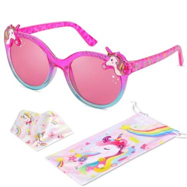 Imagem de Beipegin Óculos de sol infantis para meninas, proteção UV, unicórnio, coração, com bolsa de óculos para festas infantis na praia, Unicórnio C, One Size