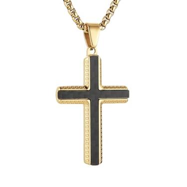 Imagem de HZMAN Colar de cruz de fibra de carbono para homens, pingente de crucifixo cristão de aço inoxidável, inclui colar de 52 + corrente de 5 cm, Aço inoxidável, Sem Pedra Preciosa