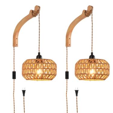 Imagem de CAFULAM Arandelas de parede conectadas, plugue de lâmpada de parede de vime para casa de fazenda, luz de parede de vime tecida à mão, iluminação de parede rústica boho para sala de estar quarto