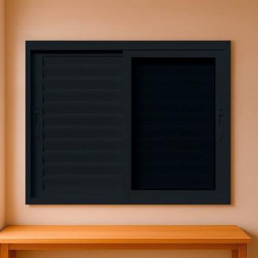 Imagem de Janela Veneziana com Tela Mosquiteira 150x120cm Vidro de Segurança 6cm Fábrica do Alumínio Preto