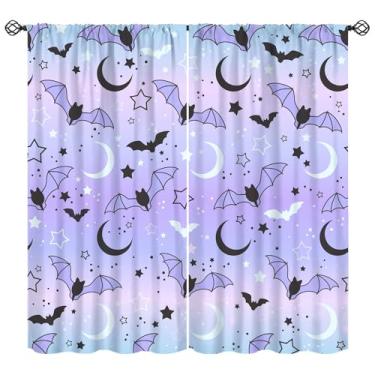 Imagem de Cortinas blackout de animais, estampa fofa de morcegos no fundo dos tratamentos de janela do céu estrelado, cortinas de isolamento térmico retrô com bolso para varão para quarto, sala de estar, 160 cm