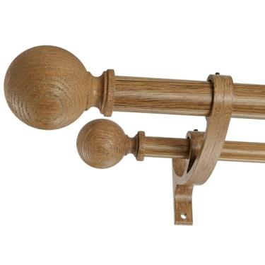 Imagem de Varões de cortina de madeira duplos para janelas de 91 a 182 cm, 2,5 cm frontal e 1,5 cm atrás, haste de cortina de madeira com acabamento de imitação de grão de madeira e suporte duplo de alumínio