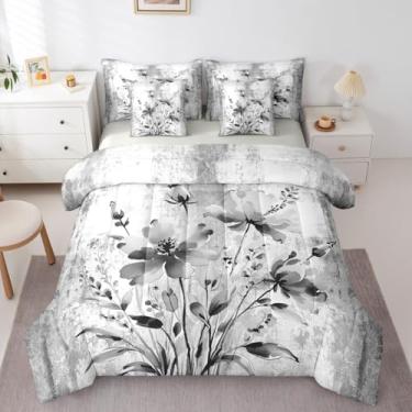 Imagem de Erosebridal Conjunto de cama casal com pintura a óleo abstrata, rústico, casa de fazenda, flores em aquarela, conjunto de edredom com lençol cinza e floral, para mulheres e adultos