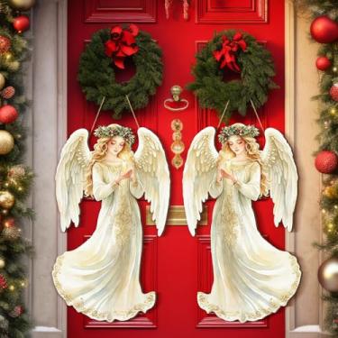 Imagem de Quzzil 2 placas de pendurar de boas-vindas de Natal, sinal de anjo de madeira, decoração de varanda de Natal, inverno, placa de parede, decoração de Natal para lareira, decoração interna e externa