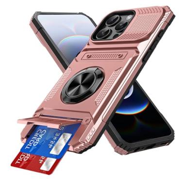 Imagem de COTDINFOR Capa para iPhone 16 Pro Max com suporte para cartão [loja 2 cartões] Anel de 360° suporte capa carteira protetora de corpo inteiro resistente para iPhone 16 Pro Max 6,9 polegadas ouro rosa