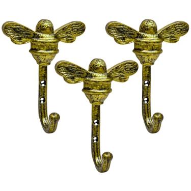 Imagem de AYZCORP Conjunto de 3 ganchos de ferro fundido em forma de abelha para decoração de arte de parede - cabides e porta-chaves em forma de abelha - cabide de roupas e mochila - ganchos para casaco