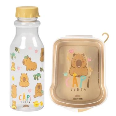 Imagem de Kit Sanduicheira Porta Lanche + Garrafinha De Água Squeeze 500ml Infantil Escola Viagem (Capivara)