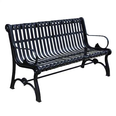 Imagem de ZzleoyuUUs-12 Banco de jardim ao ar livre, banco de jardim com encosto de braço de ferro fundido, 3 cadeiras de lazer de metal, móveis ao ar livre, banco de pátio preto (180 x 65 x 83 cm)