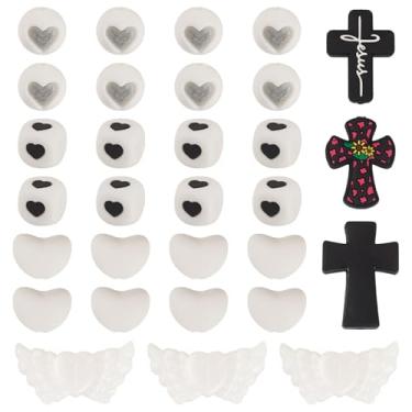 Imagem de Craftora 36 peças de contas focais de silicone cruzadas de silicone branco para fabricação de chaveiros de Halloween, contas de borracha góticas redondas com asas de coração para canetas, pulseiras