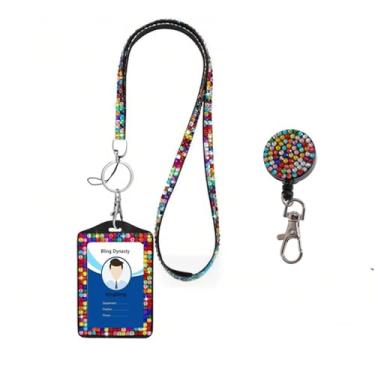 Imagem de Cordão de pescoço de cristal 3 em 1, suporte de crachá de identificação brilhante, suporte de cartão de nome de trabalho com strass retrátil para professoras enfermeiras e médicas (arco-íris)