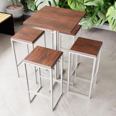 Imagem de Conjunto Mesa Alta Bar Bistrô Quadrada 4 Bancos Imbuia Industrial Whit