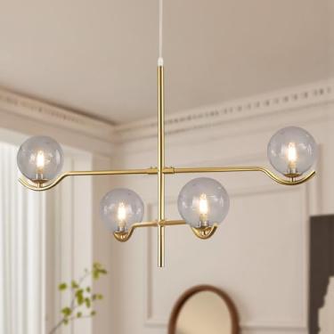 Imagem de CATINER Lustre Sputnik dourado, grande moderno 4 luzes L79 cm de comprimento de meio século longo luminária pendente de teto com cortinas de globo de vidro fumê para teto alto, sala de jantar, hall de
