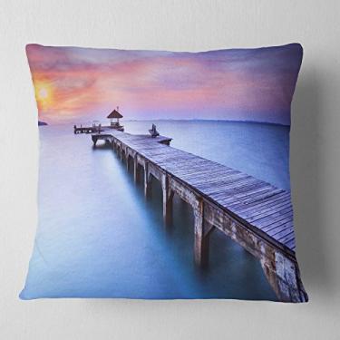 Imagem de Designart – Capa de almofada com estampa de paisagem marítima, ponte de madeira azul, sala de estar, sofá, enchimento + capa de almofada impressa em ambos os lados 45,72 cm x 45,72 cm
