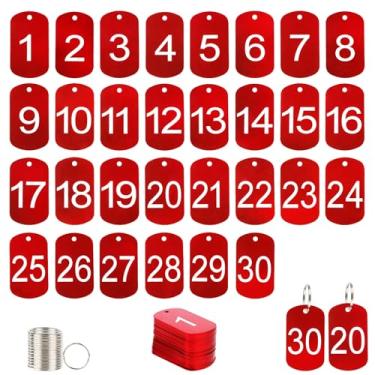 Imagem de 30 etiquetas numeradas de alumínio com chaveiros número 1-30 etiquetas numéricas de metal para identificação de hotel dormitório casa Locker etiquetas
