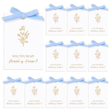 Imagem de AHANDMAKER Cartão de proposta de dama de honra com laço de fita, Will You Be My Matron of Honor Cards com fitas de poliéster Golden Floral Bridal Convite Cards para chá de noiva de casamento, azul