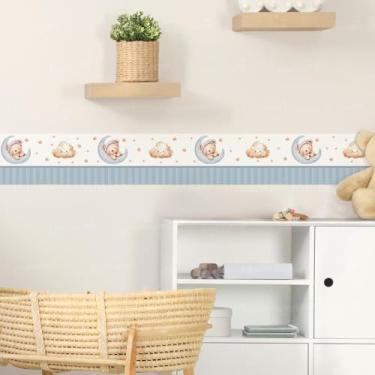 Imagem de Adesivo de Parede Infantil Ursinho 02 Azul Lua Nuvem Estrelas Faixa Decorativa para Quarto de Bebê Menino