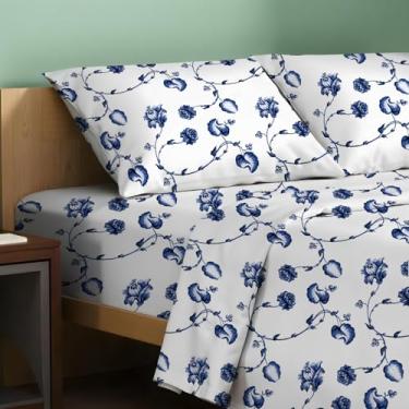 Imagem de TEXAS LINEN CO. Lençóis de solteiro estampados 100% algodão orgânico - Conjunto de lençóis de percal de algodão orgânico com 3 peças (azul floral), lençol refrescante para dormitório, roupa de cama de