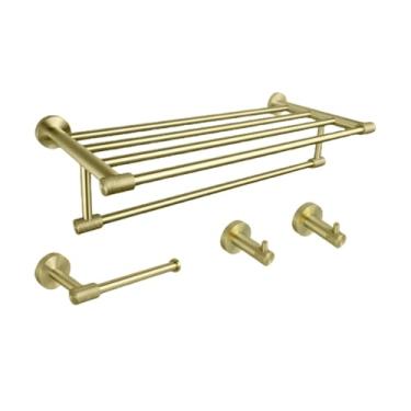 Imagem de Suporte para toalhas de parede em aço inoxidável dourado escovado, suporte para papel higiênico, gancho para roupão, porta-copos, escova de vaso sanitário, acessórios para banheiro, conjunto de 4 peç