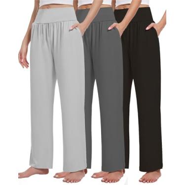 Imagem de 3pack Calças De Moletom Femininas Casuais Soltas De Perna Larga Aconchegantes Yoga De Cintura Alta Calças De Lounge Confortáveis Com Bolsos, Black, Gray, Light Gray, L Plus