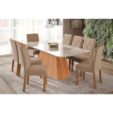 Imagem de Conjunto: Mesa Sala Jantar Helena Tampo Madeirado c/ Vidro 210x100cm e