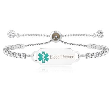 Imagem de Tobestu Pulseira feminina de tênis de identificação médica banhada a ouro branco, pulseiras de emergência de alerta médico presentes para pacientes YA4662, Adjustable, Aço inoxidável, Zircônia cúbica